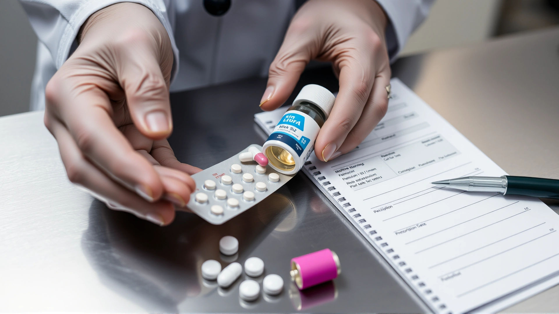 Close-up of veterinarian hands holding various feline heart medications—pill blister, small liquid bottle, and prescription pad—on a stainless examination table