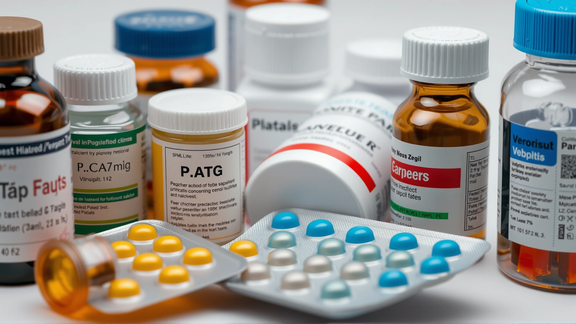 Close-up of assorted veterinary medication bottles and blister packs labeled for cats on a white background