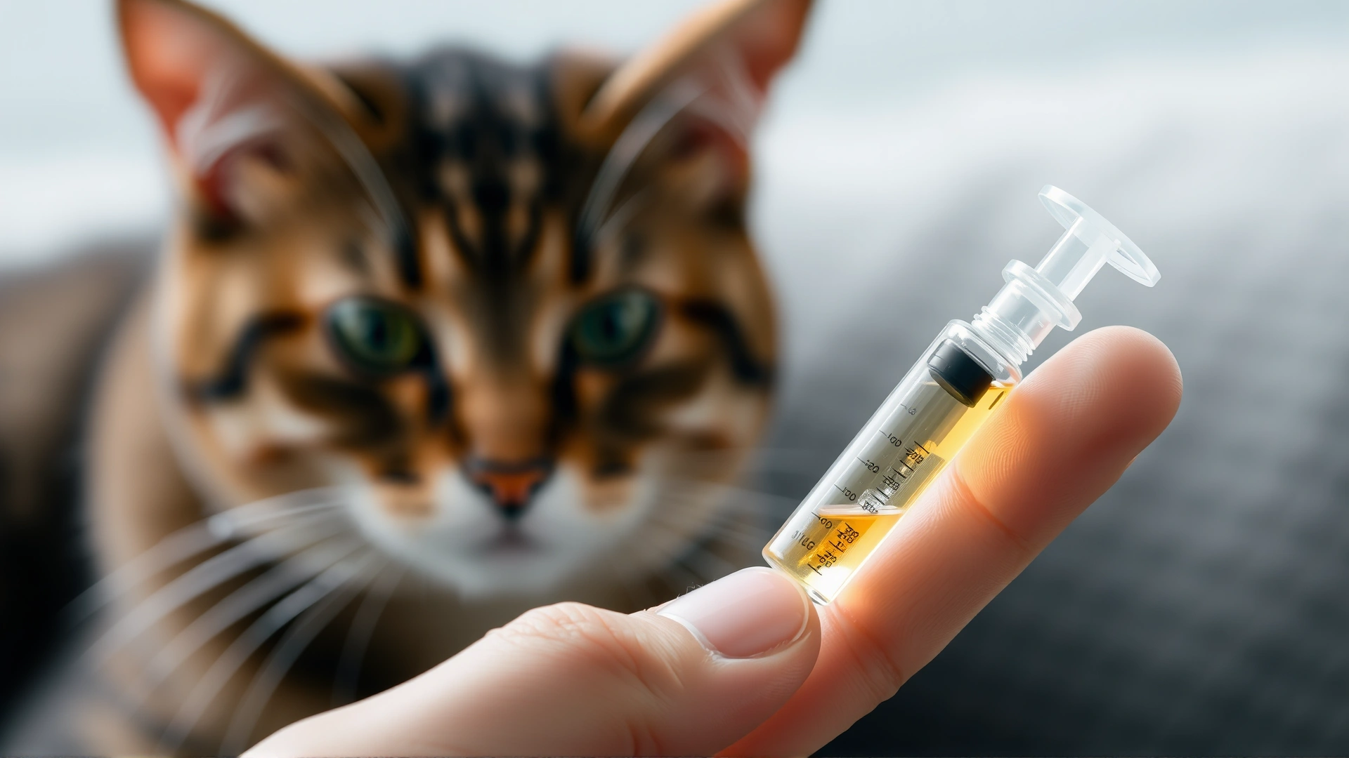 Human hand holding a plastic syringe filled with liquid medication, blurred image of a calm cat in the background