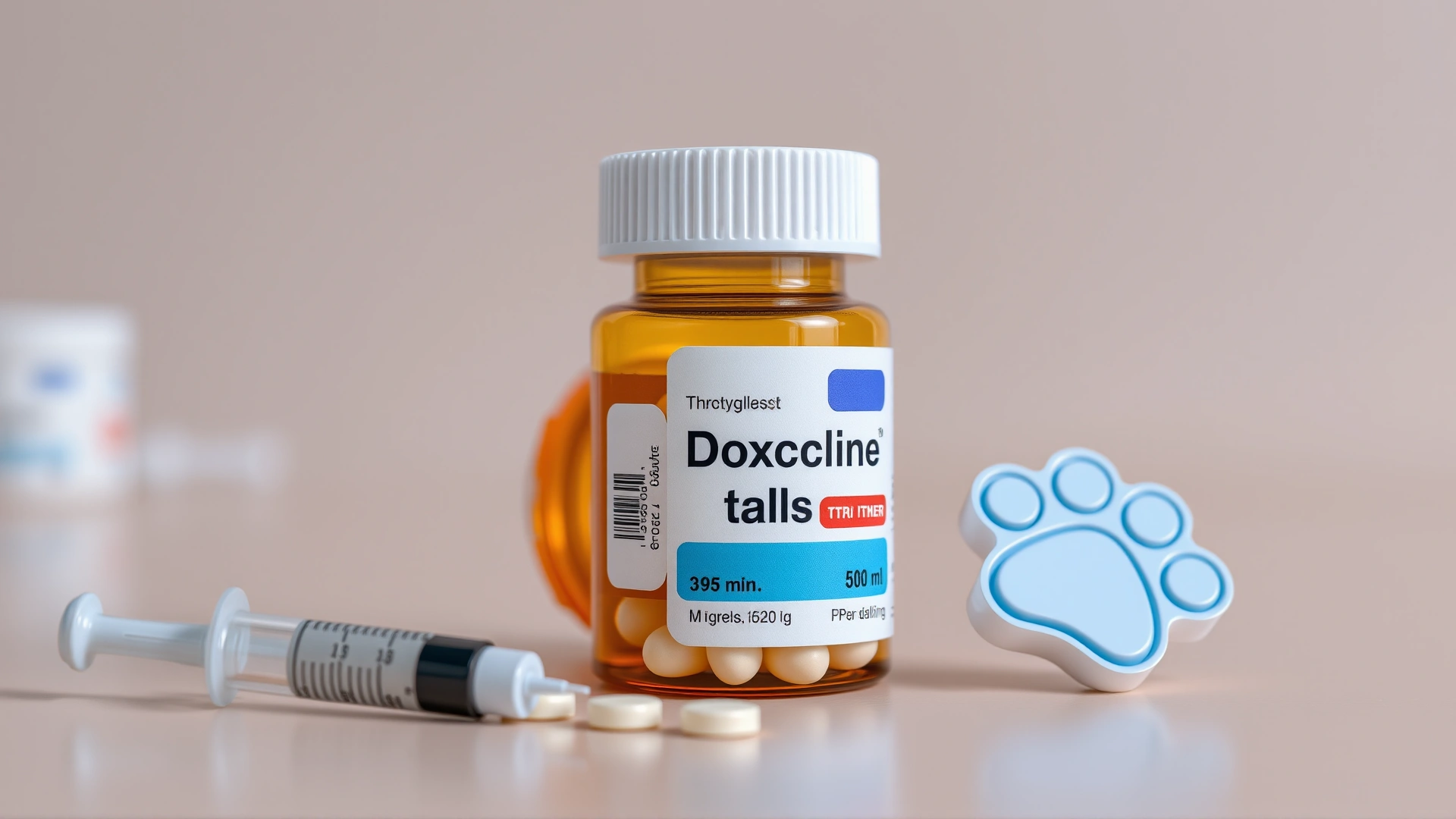 Open bottle of doxycycline tablets beside a small syringe and a paw-shaped sticker, neutral pharmacy backdrop
