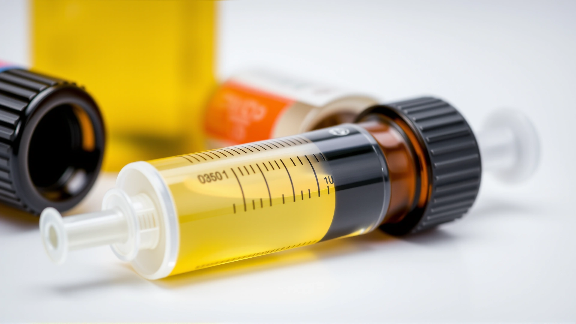 Close-up macro photograph of a plastic oral syringe filled with yellowish liquid next to a small brown glass bottle, both unlabeled, on a clean white background.