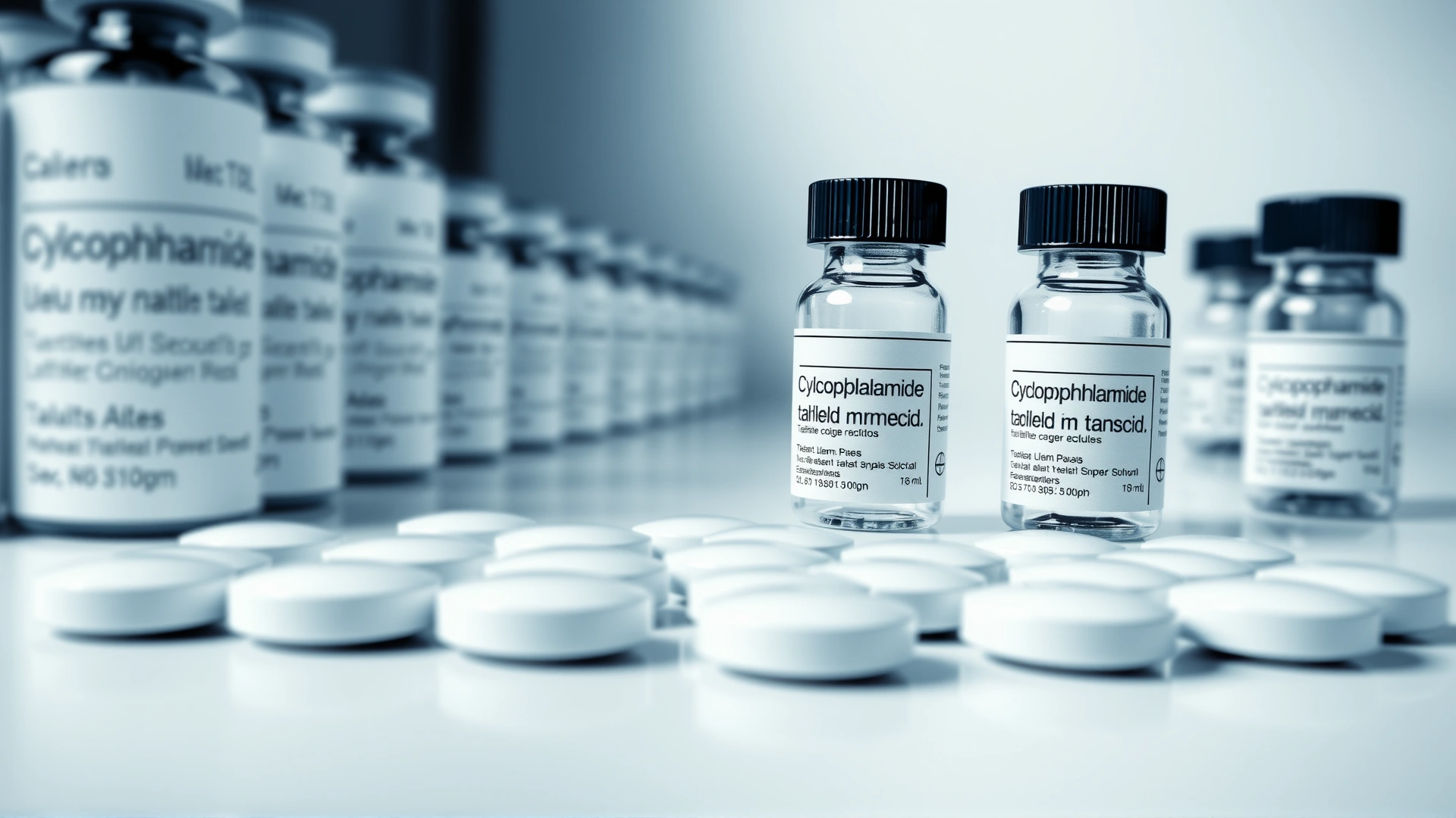 Close-up photograph of cyclophosphamide tablets beside sterile vials on a white background, shallow depth of field, no labels