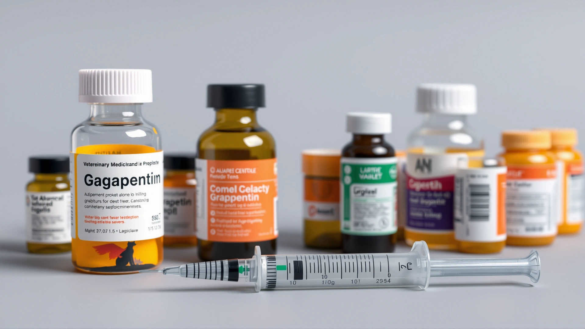 Assorted veterinary medication bottles including a labeled gabapentin bottle and a syringe on a neutral background