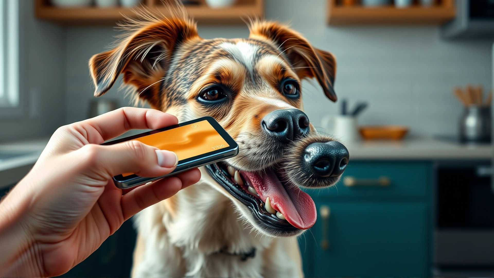 Human hand offering a chewable tablet to a friendly dog, kitchen background, natural daylight, focus on tablet and dog's mouth.