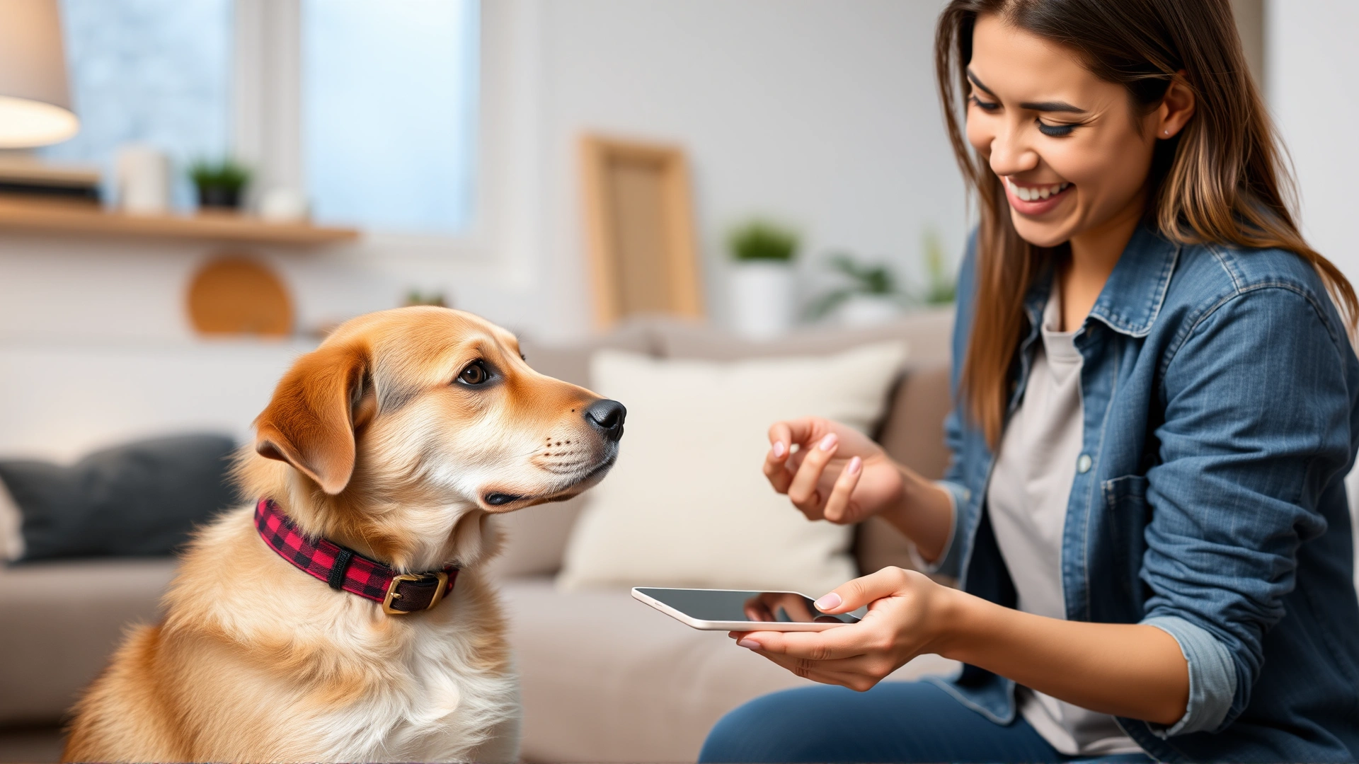 Pet owner smiling while giving a small tablet to their seated dog in a cozy living room environment, demonstrating proper at-home administration. No text.