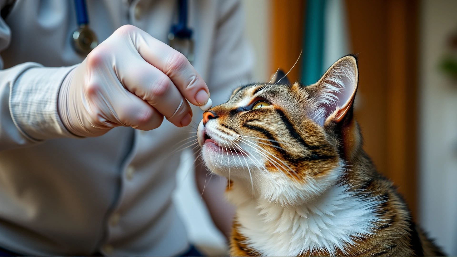 Cat owner administering an oral pill to a cooperative cat at home