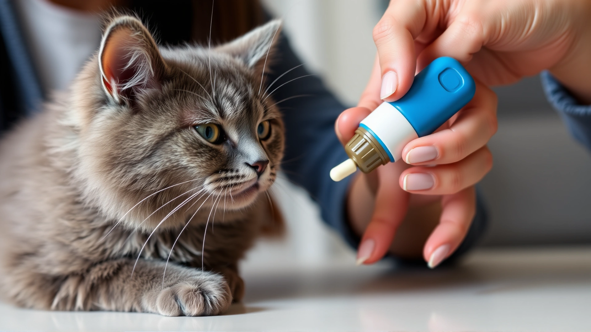 Pet owner using a pill popper to give a small tablet to a grey domestic short-haired cat, close-up, home environment, no text.