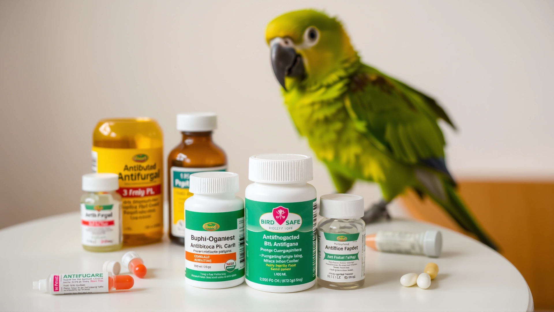 Assortment of bird-safe antibiotic and antifungal medications on a white table next to a parrot, with focus on the medicine bottles.