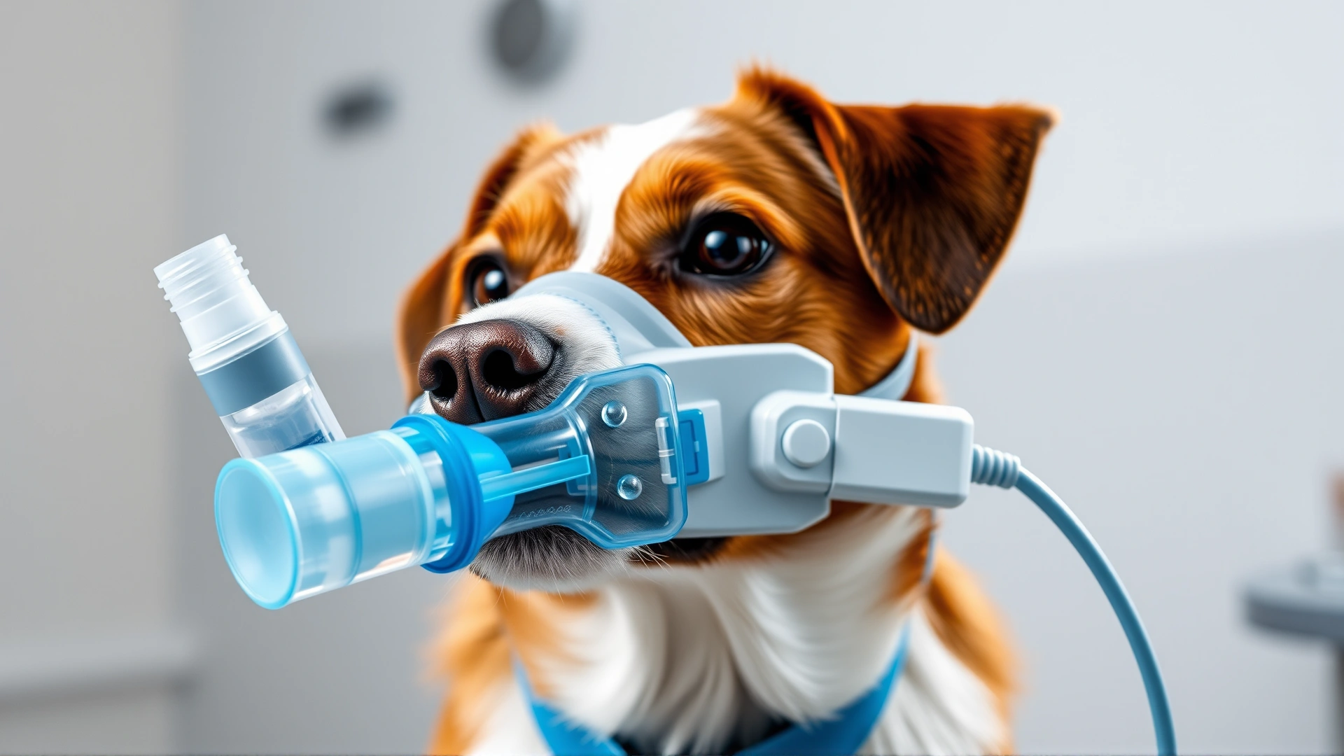 Dog wearing a specially designed canine inhaler mask connected to a nebulizer, in a clinical setting