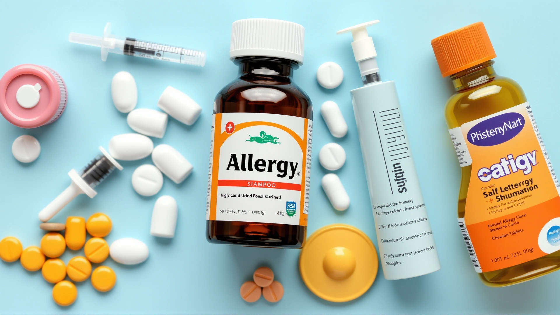 Neatly arranged flat lay of common canine allergy medications, including pills, a syringe, topical shampoo, and a chewable tablet.