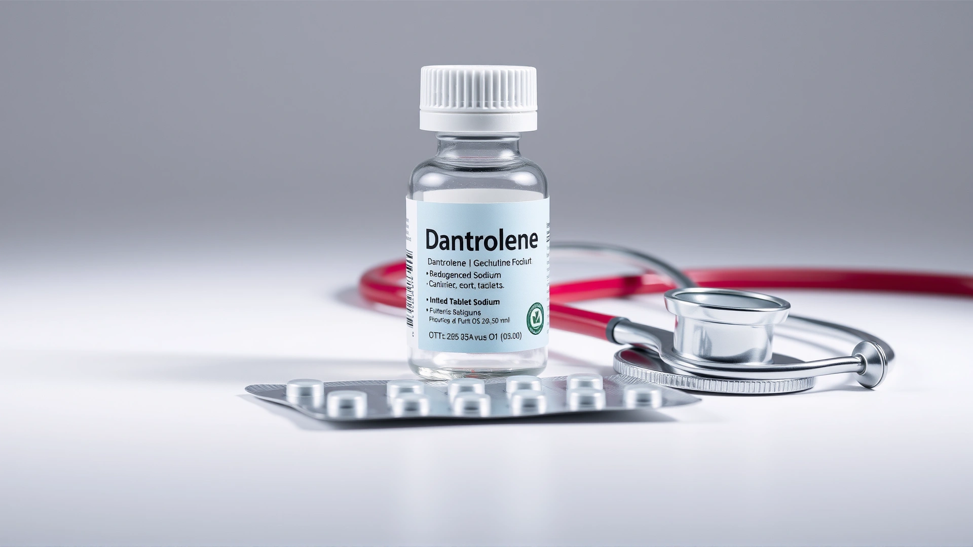 High-resolution close-up of Dantrolene sodium blister pack and bottle placed on a white background with a stethoscope nearby, professional studio lighting.