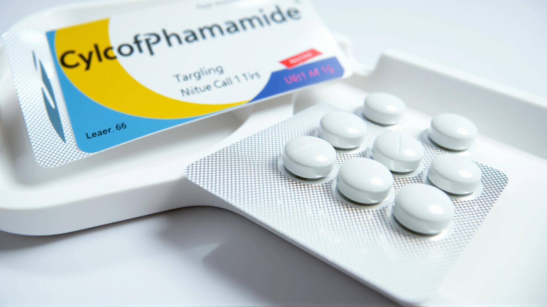 Close-up of cyclophosphamide pills and original packaging on a white veterinary tray, high resolution, no text