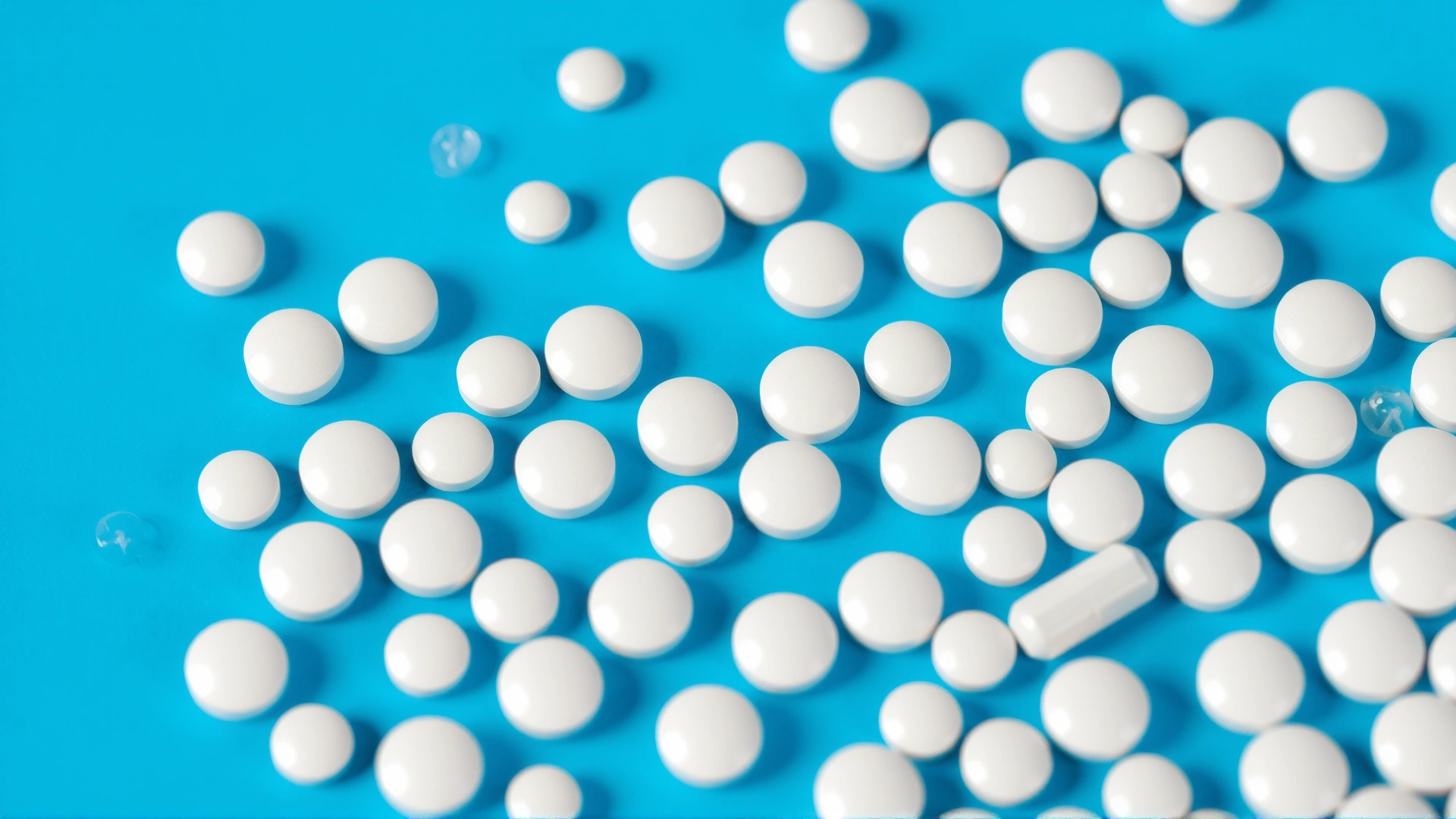 Close-up of small white hydralazine tablets scattered on a blue background