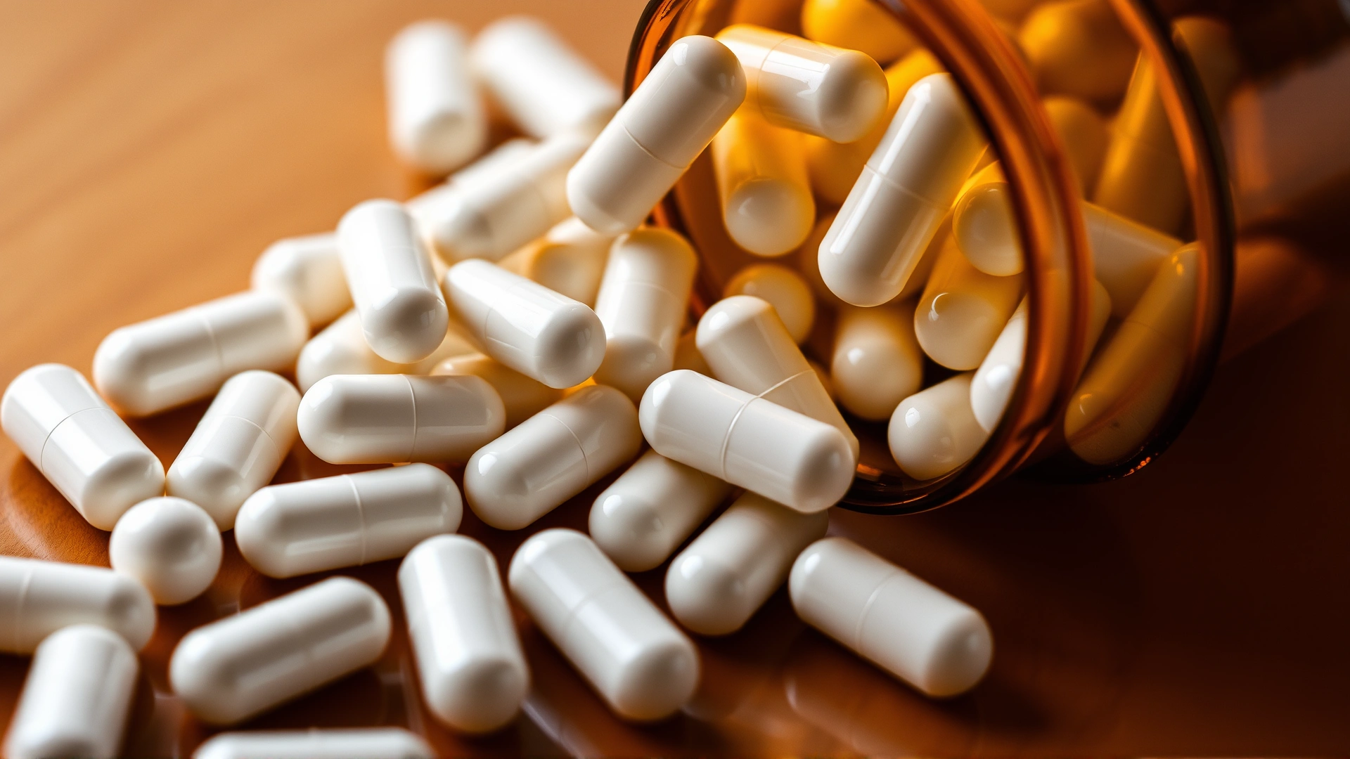 Macro shot of small white capsules spilling from an amber pill bottle with no label text.