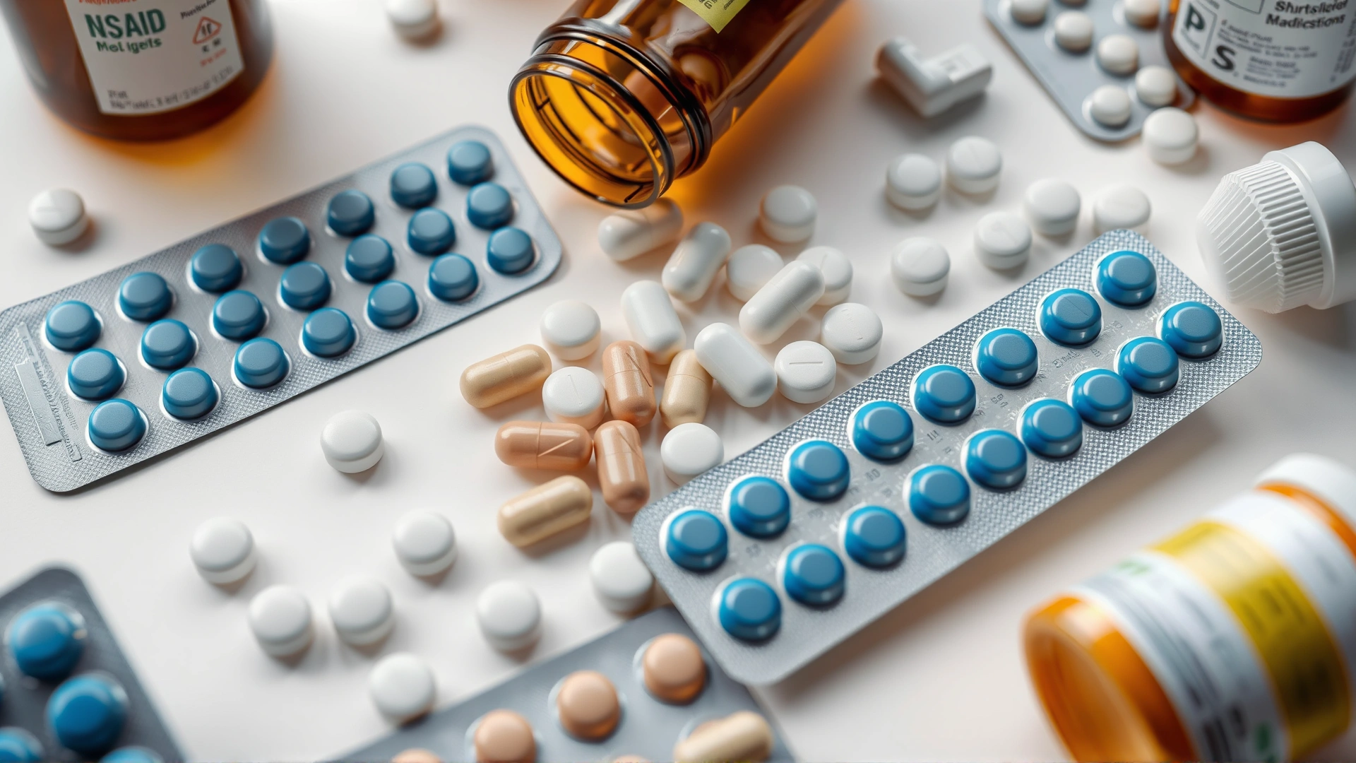 Assortment of human NSAID pills and blister packs scattered on a white surface next to unlabeled brown pill bottles, top-down angle