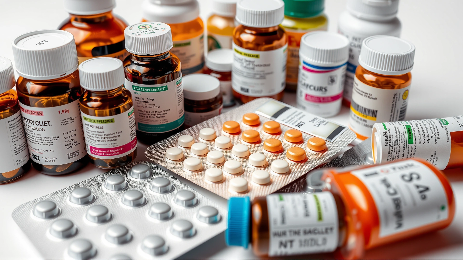 Macro shot of assorted veterinary prescription pill bottles and blister packs arranged neatly on a white surface, no text