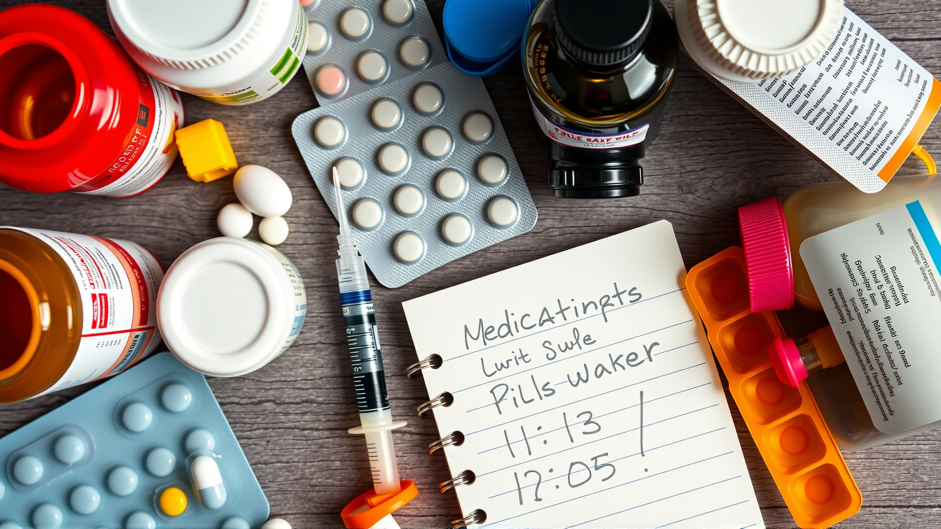 Top-down view of various pet medication bottles, blister packs, a syringe, and a brightly colored weekly pill organizer next to a handwritten schedule on a notepad.