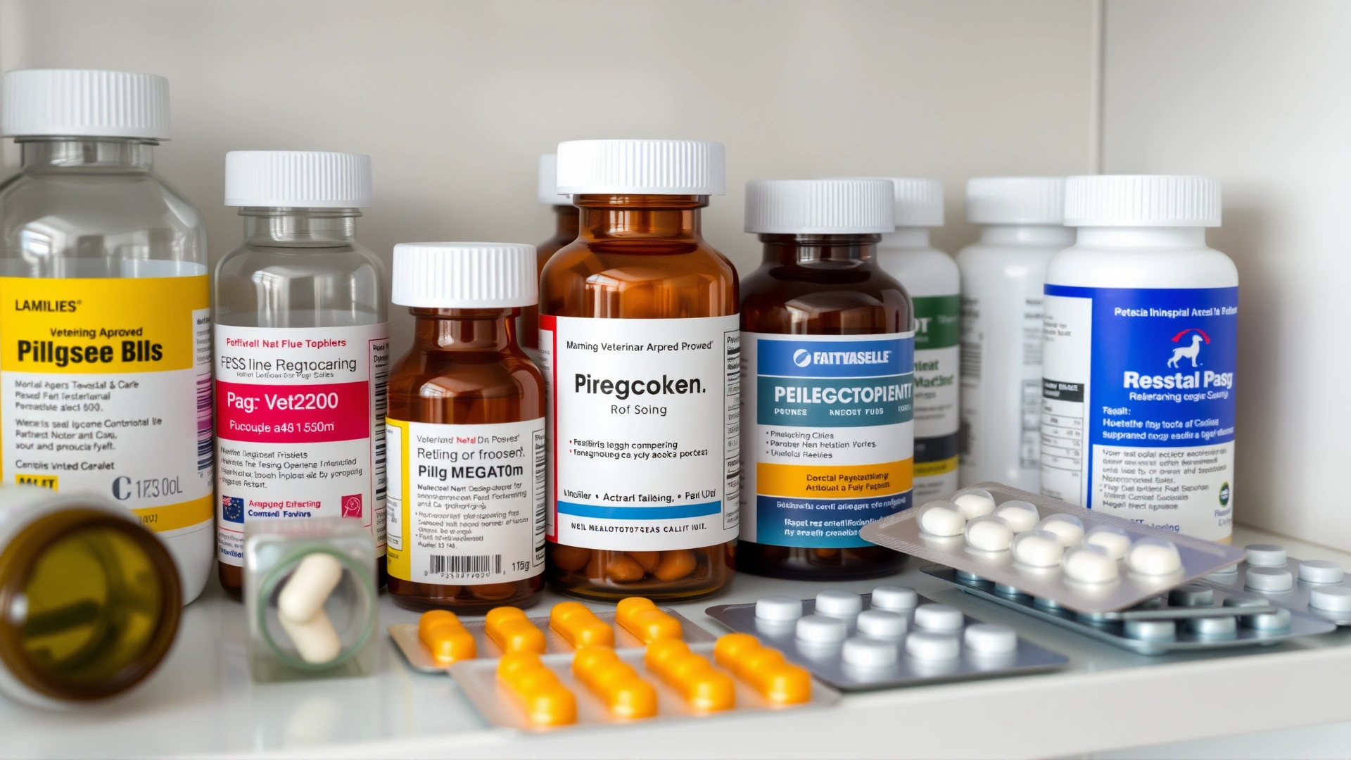 Various veterinarian-approved dog medications (pill bottles and blister packs) neatly arranged on a shelf, no text labels visible