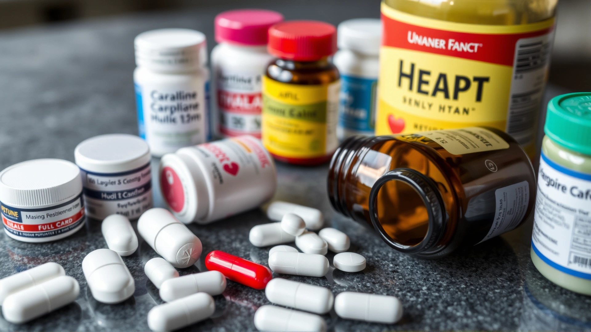 Close-up of various canine heart medications and supplements neatly arranged on a table with a pill organizer, representing treatment options.