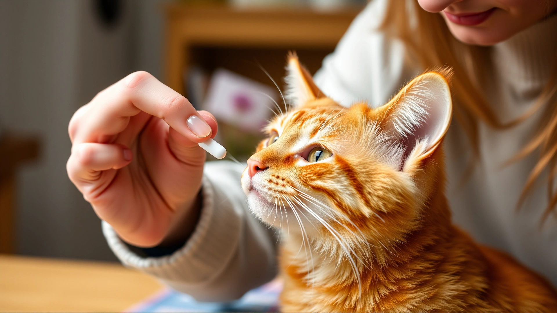 Cat owner giving a deworming pill to a ginger cat at home, close-up on hands and cat’s face