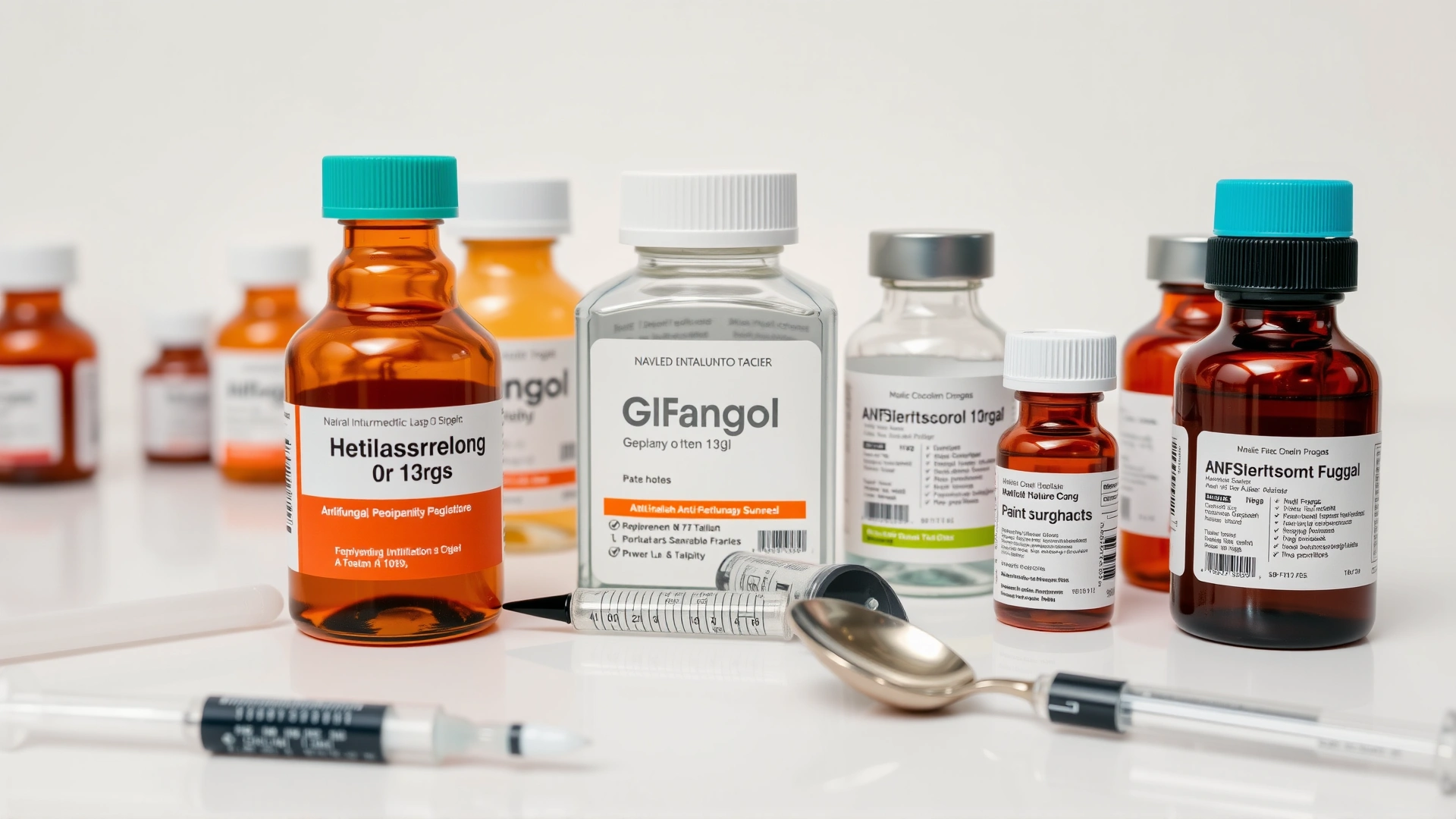 Neatly arranged antifungal medication bottles, oral syringes, and measuring spoons on a clean white tabletop.