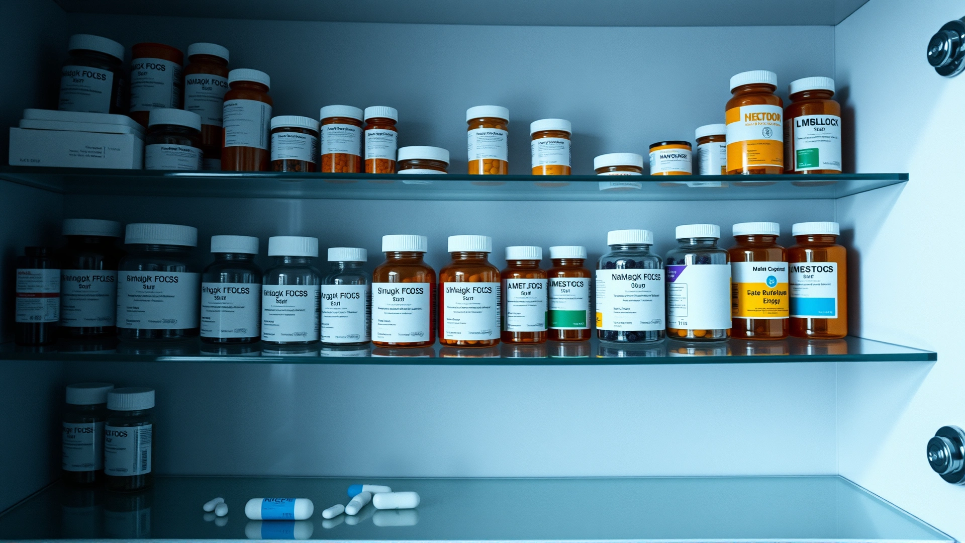 Medicine cabinet shelf with various pill bottles stored upright, clearly organized, diffused lighting, no text