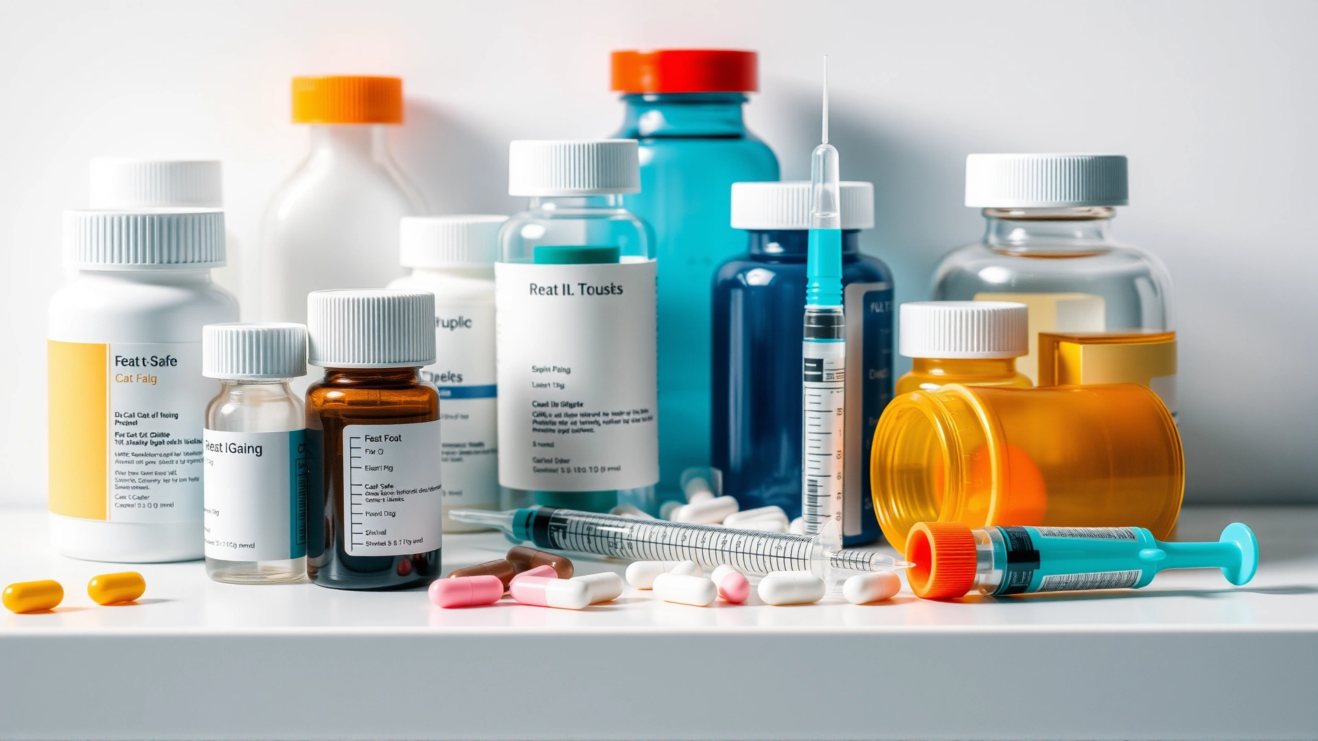 Assortment of cat-safe medicine bottles, syringes, and pill capsules neatly arranged on a white surface, bright lighting