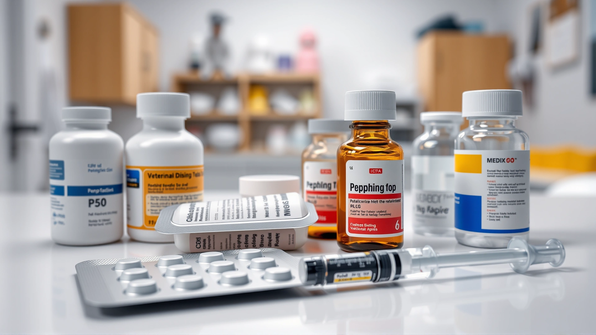 Neatly arranged veterinary medication bottles, blister packs, and a syringe on a white table with a soft-focus background of a veterinary clinic.