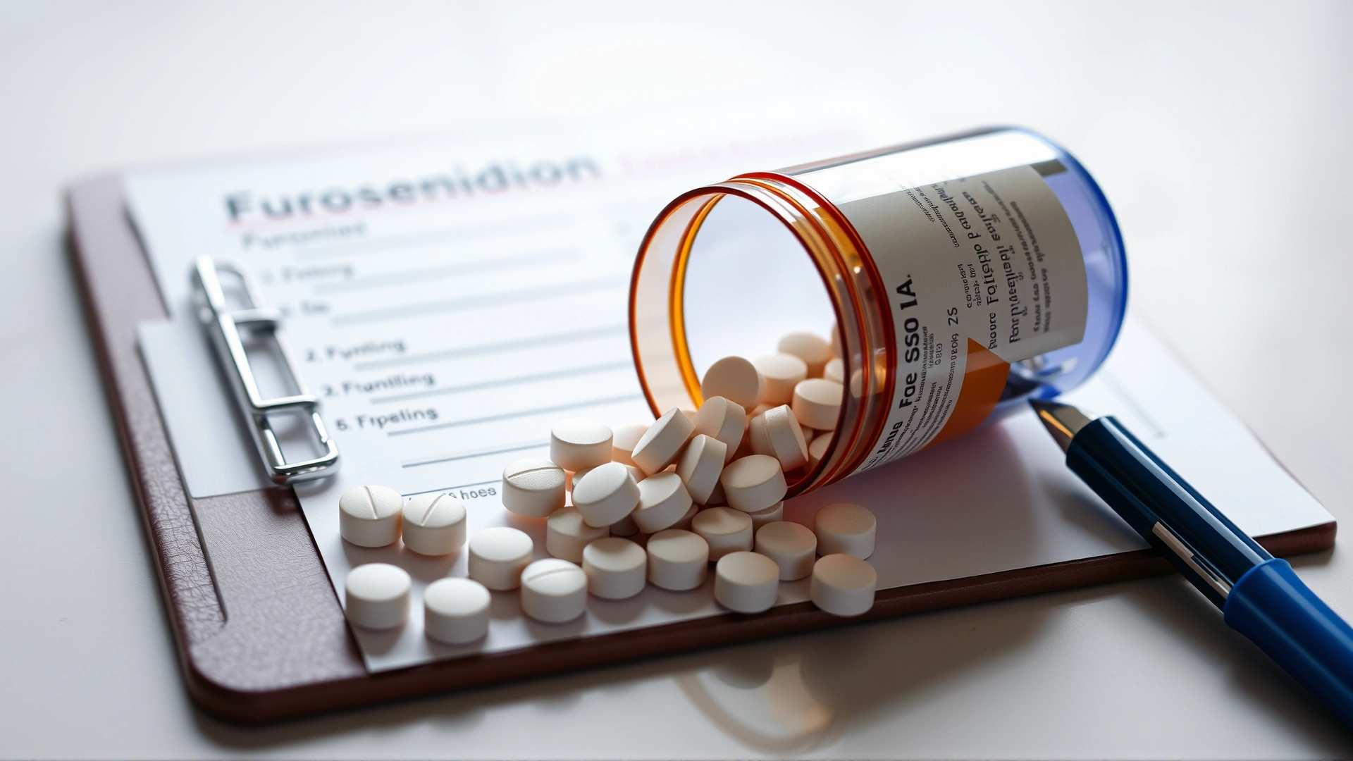 Open prescription bottle with furosemide tablets spilling onto a clipboard that has a veterinary prescription form, soft focus background
