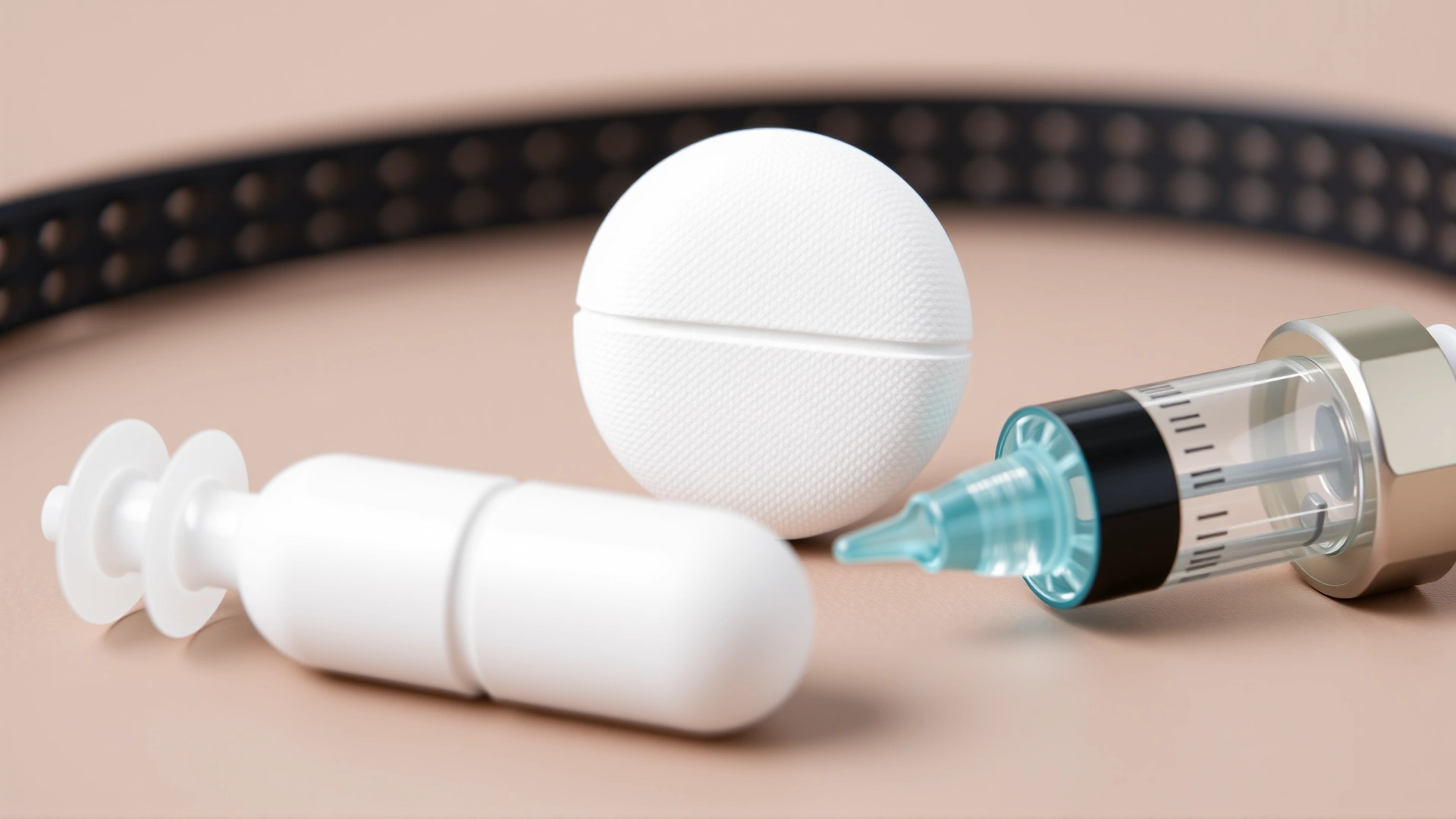 Close-up of a single white meclizine pill next to a small dosing syringe and a pet collar on a neutral background
