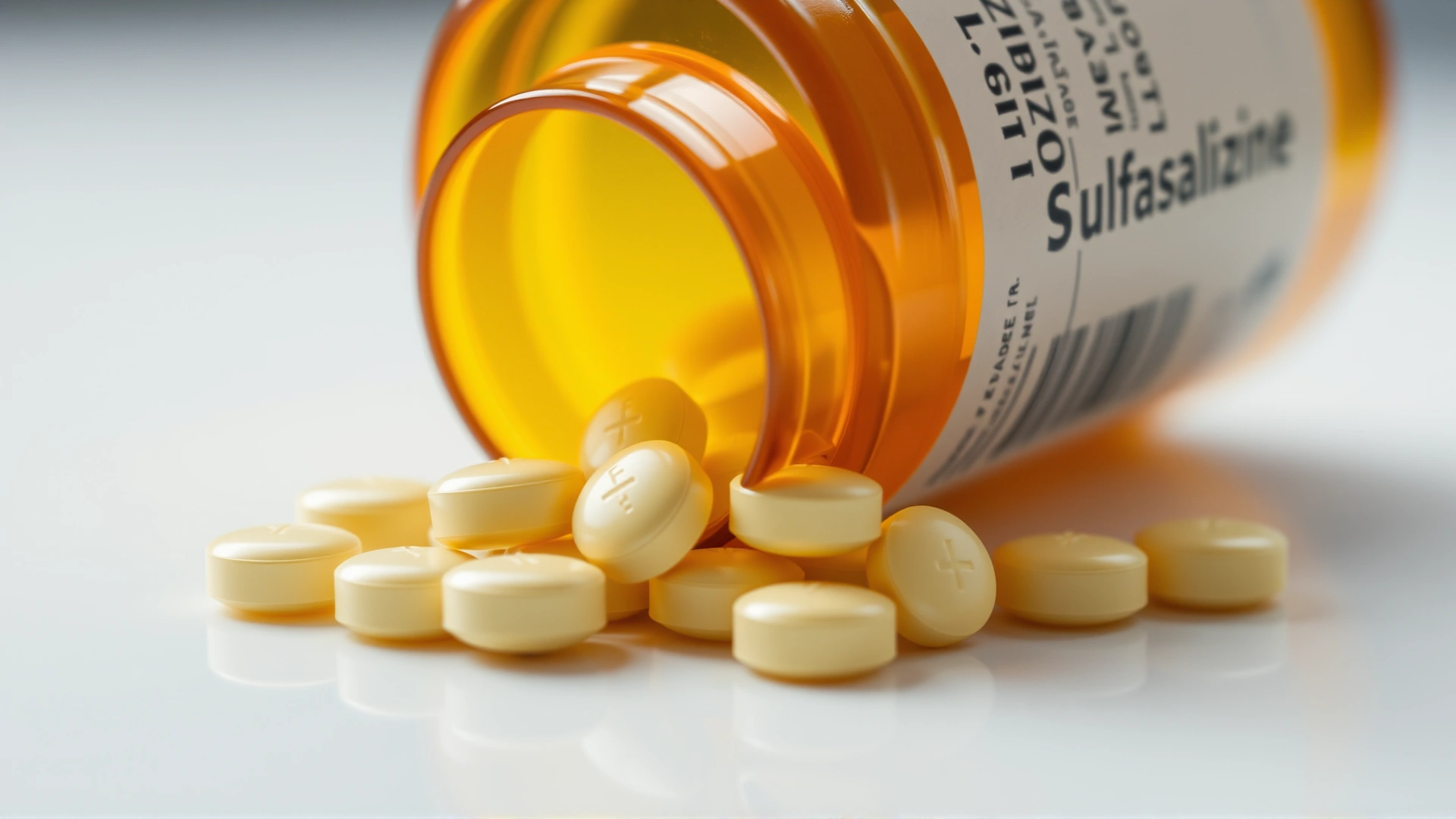 Macro shot of yellow sulfasalazine tablets spilling out of an amber prescription bottle onto a white surface
