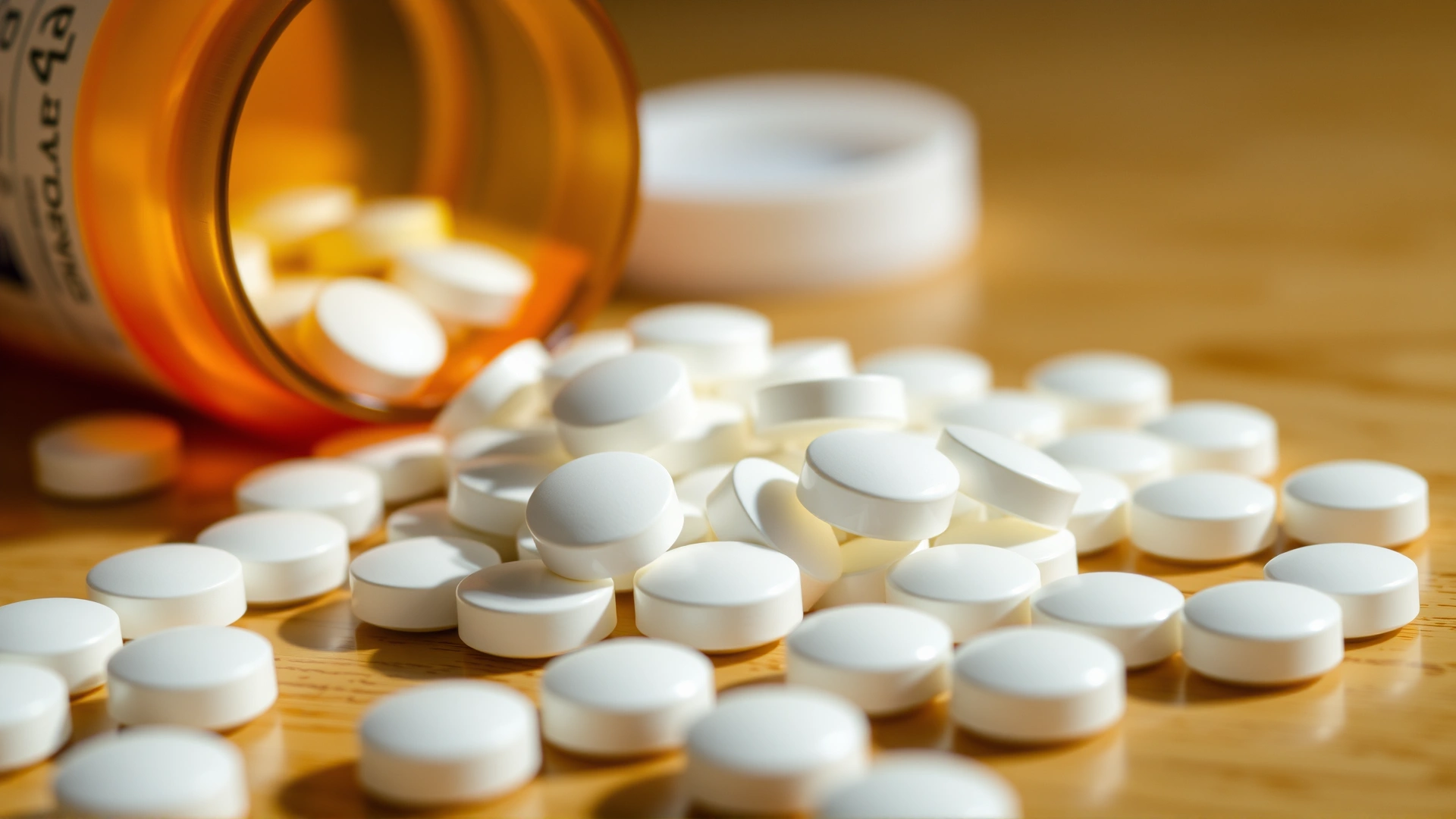 Macro shot of white round veterinary steroid tablets scattered on a wooden surface next to a prescription bottle, soft daylight.