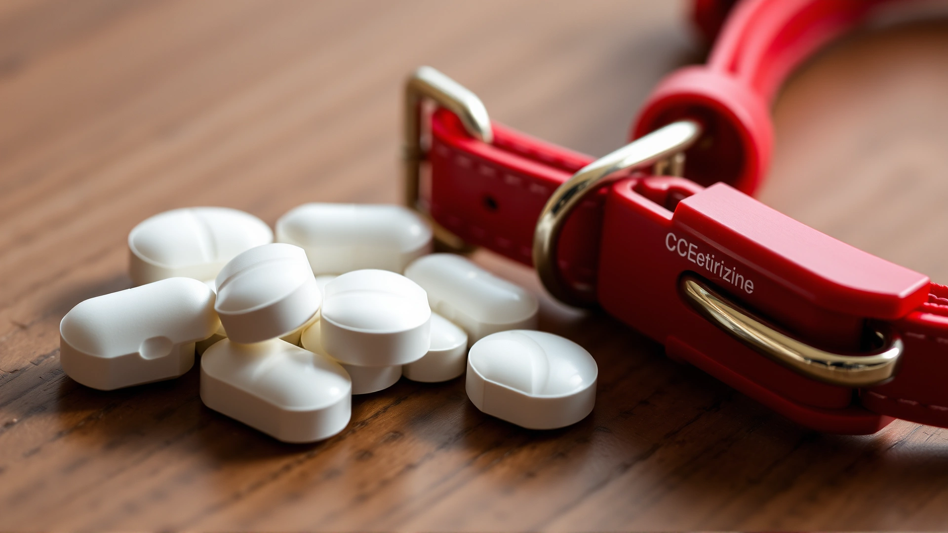 Macro shot of white cetirizine tablets next to a red dog collar on a wooden surface, natural lighting.