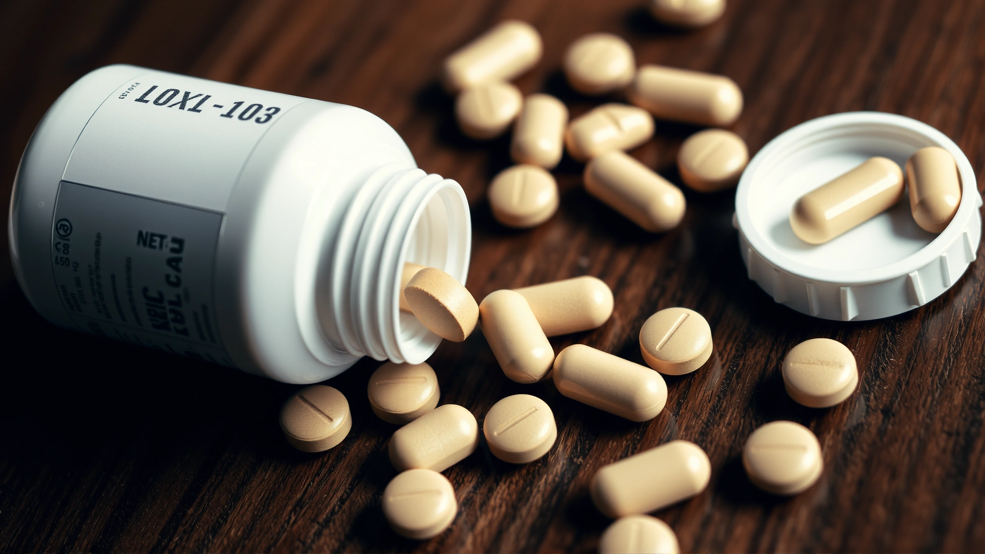 Close-up of generic white pill bottle tipped over with beige tablets spilling onto a wooden surface