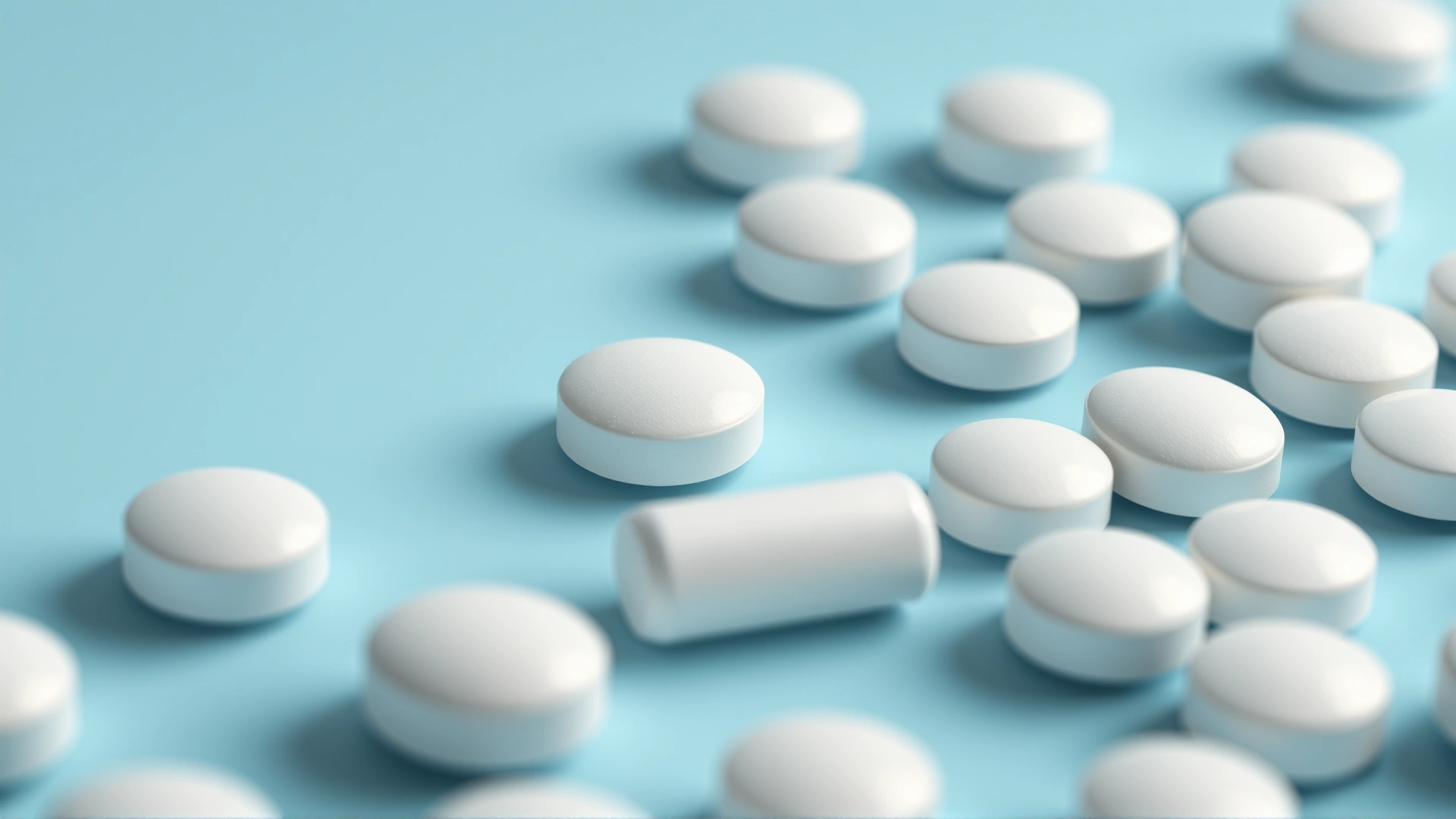 Macro shot of several white round tablets scattered neatly on a light blue surface, shallow depth of field emphasizing texture of the pills.