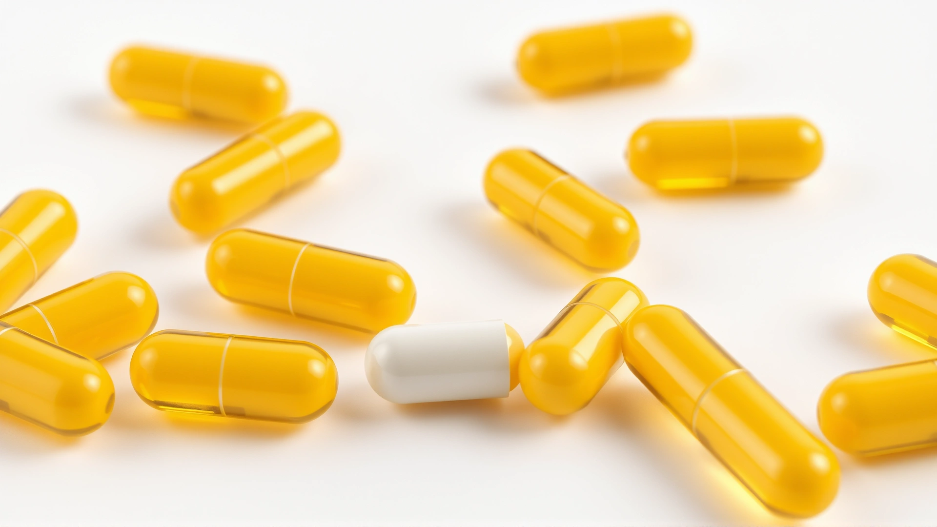 Macro photograph of yellow piroxicam capsules spilled on a white background demonstrating the medication form.