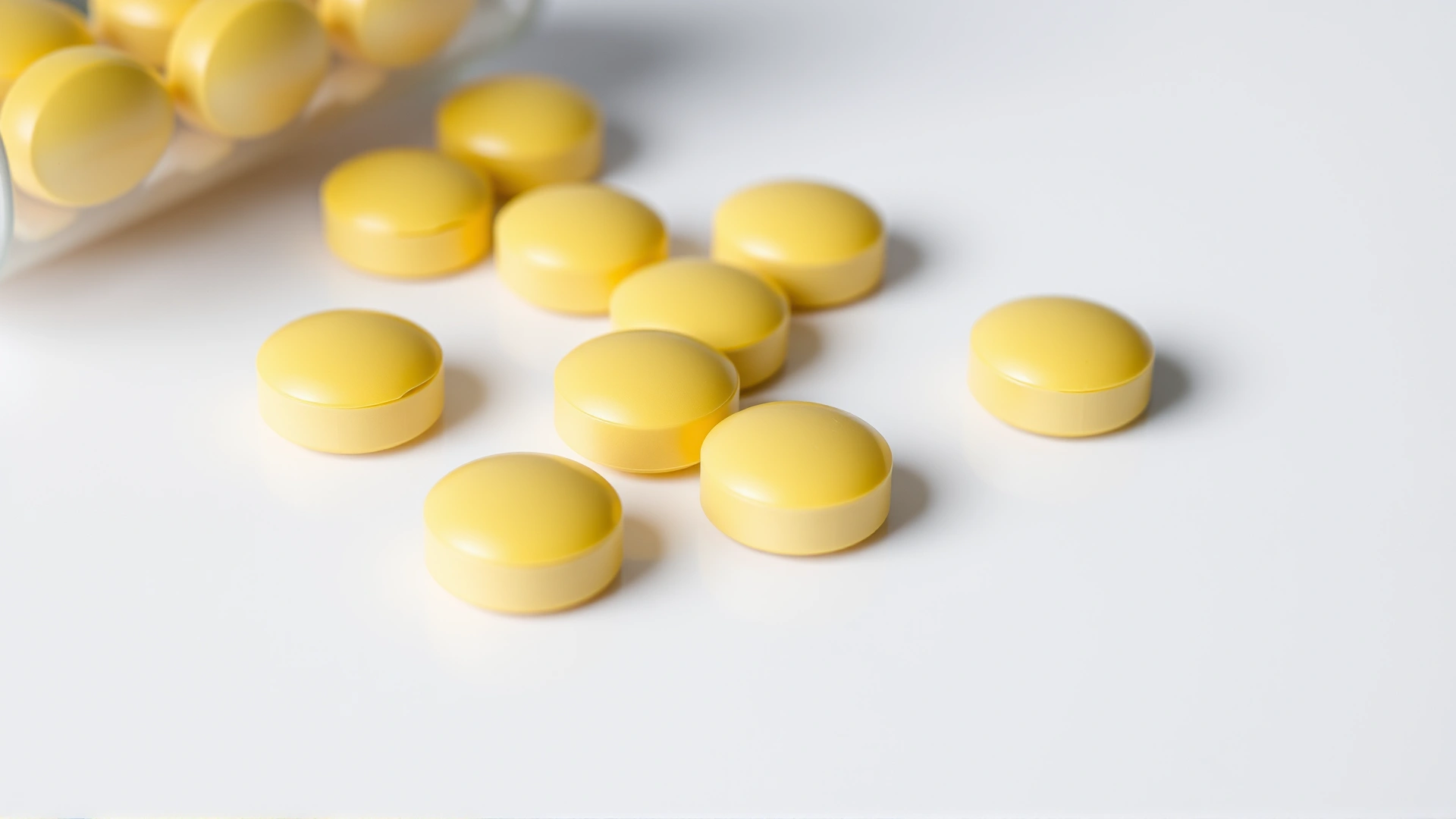 Macro shot of round yellow chlorpheniramine tablets arranged on a white background with no text or branding.