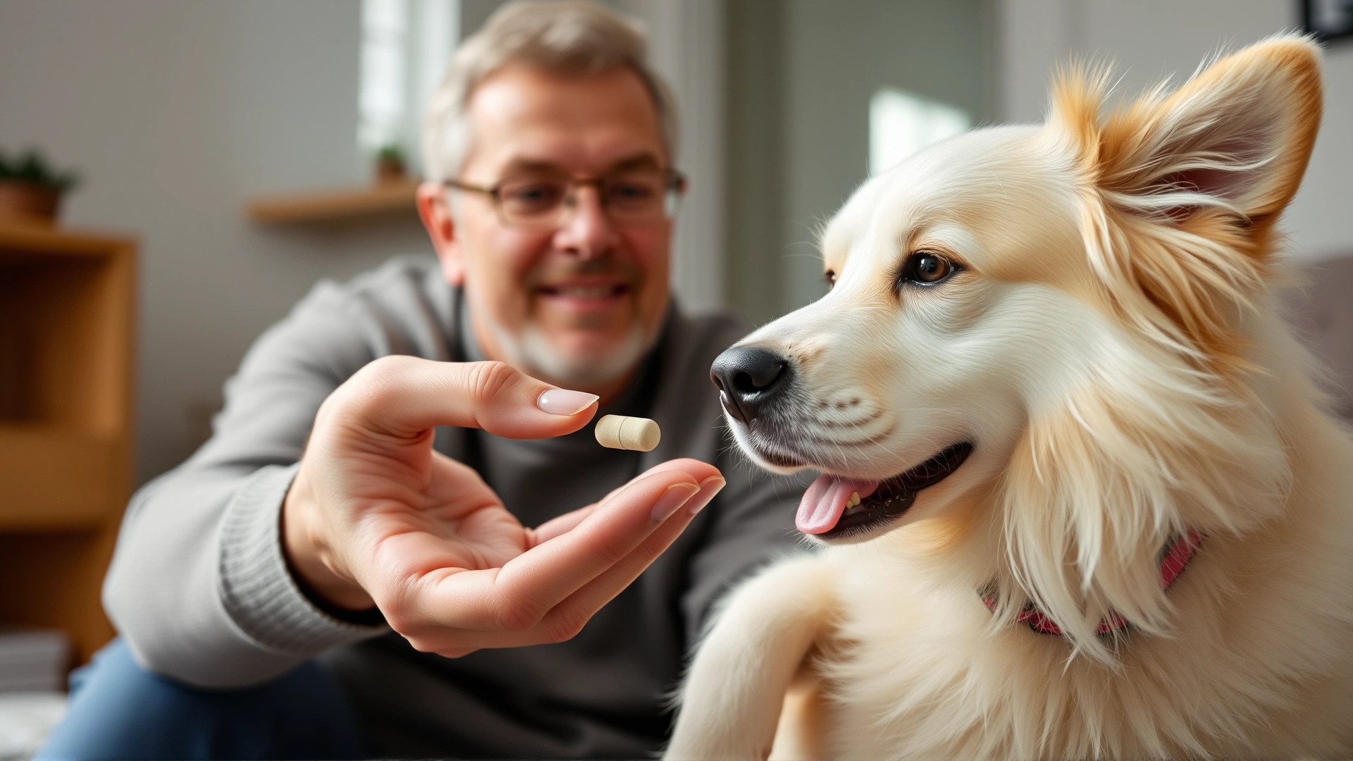 Owner giving a small pill to a calm dog using a pill pocket treat, indoor setting