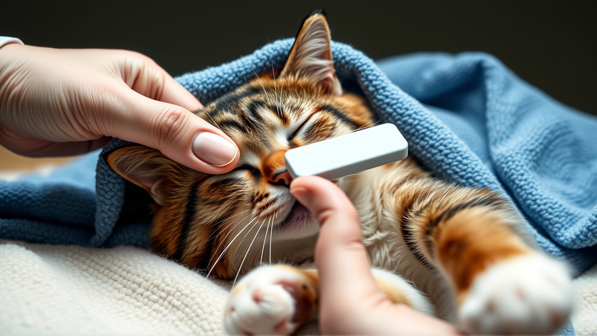 Close-up of a hand gently giving a tablet to a calm cat wrapped in a towel, highlighting post-operative medication administration