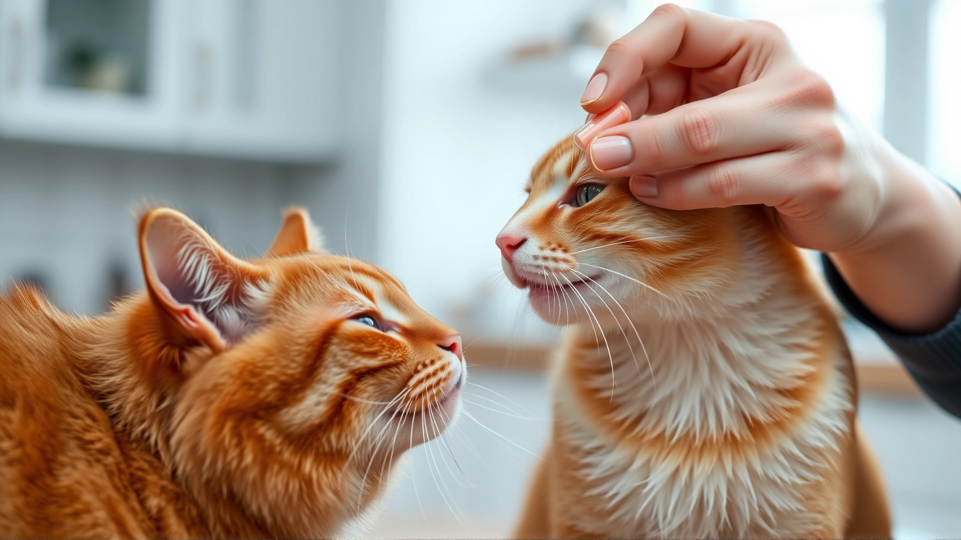 Cat owner giving an oral pill to a calm orange cat using a pill dispenser, bright kitchen setting.
