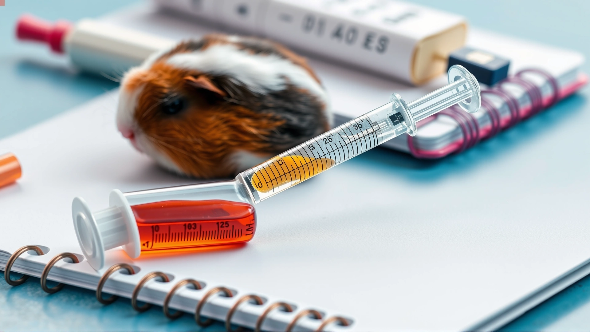 Tabletop shot of liquid antibiotic being measured into a small syringe next to a guinea pig care notebook, no text