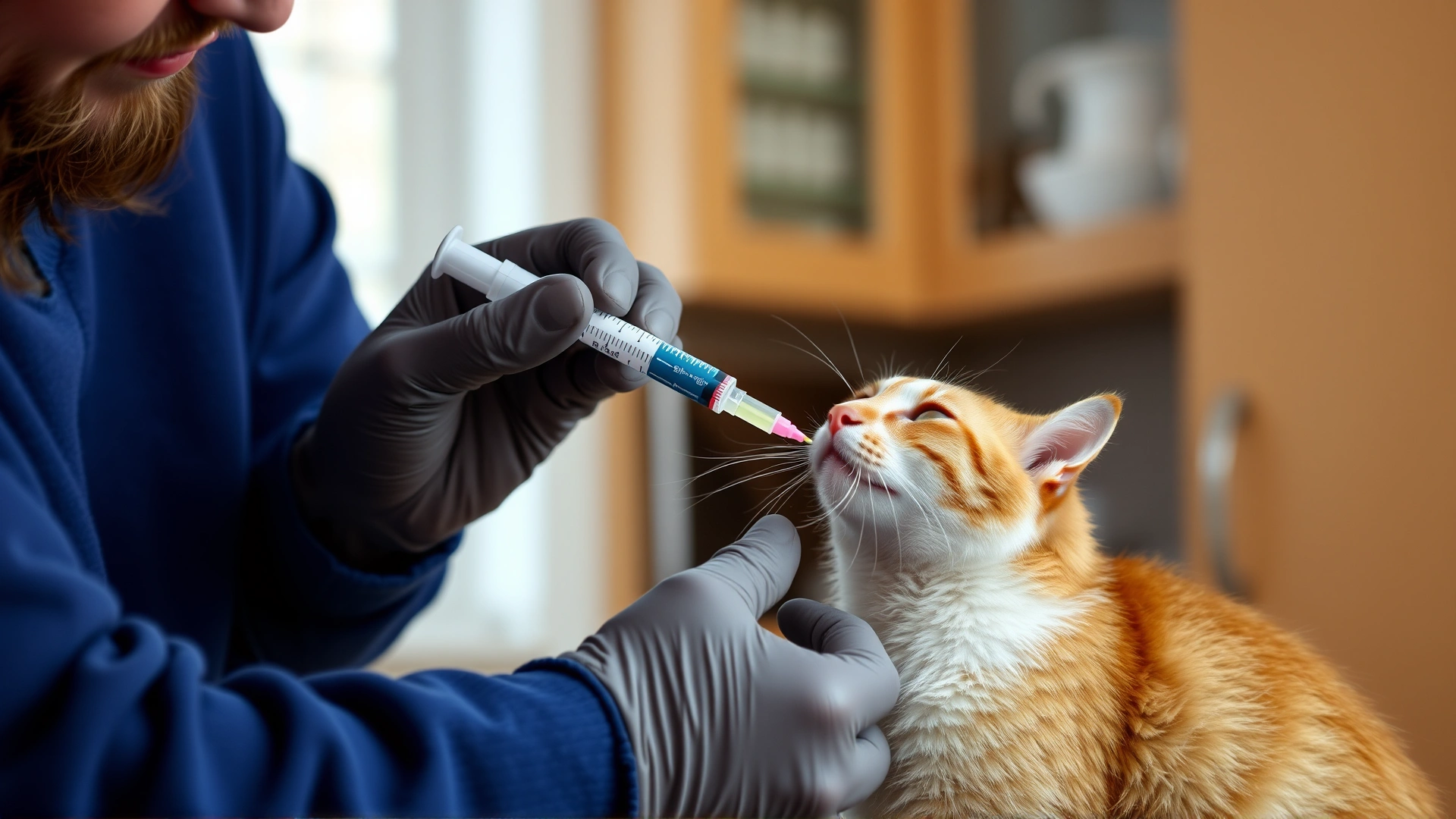 Cat owner giving oral liquid medication to a cooperative cat using a syringe without needle, bright kitchen background.