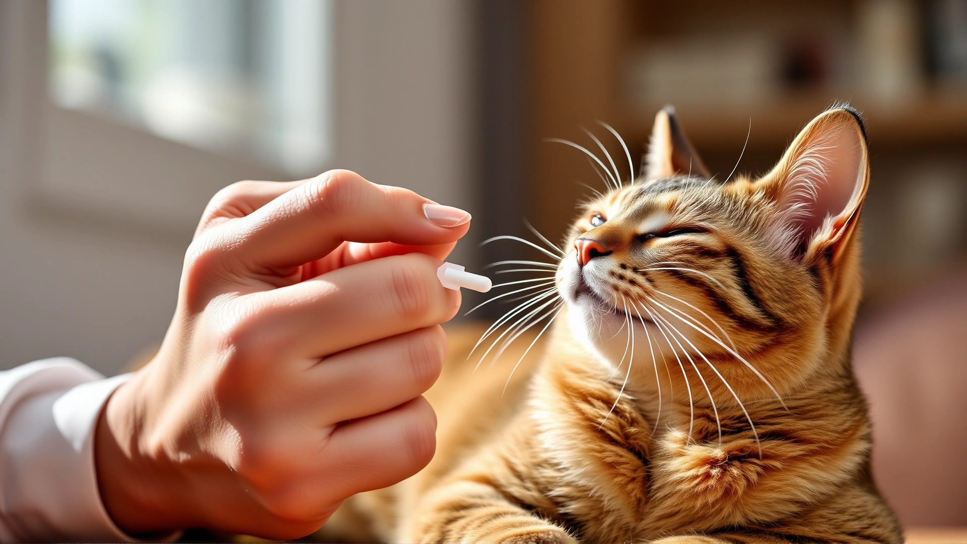 Owner gently giving a small pill to a relaxed cat using a pill popper, bright indoor lighting