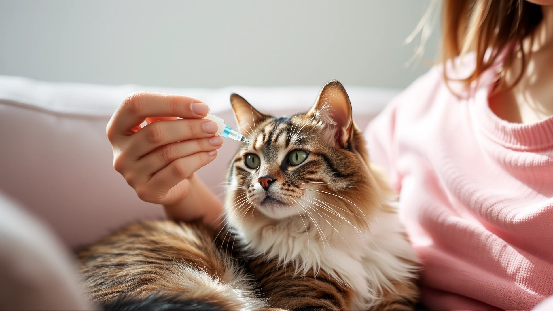 Cat owner gently applying medicated eye drops to a calm cat on a sofa, bright natural light