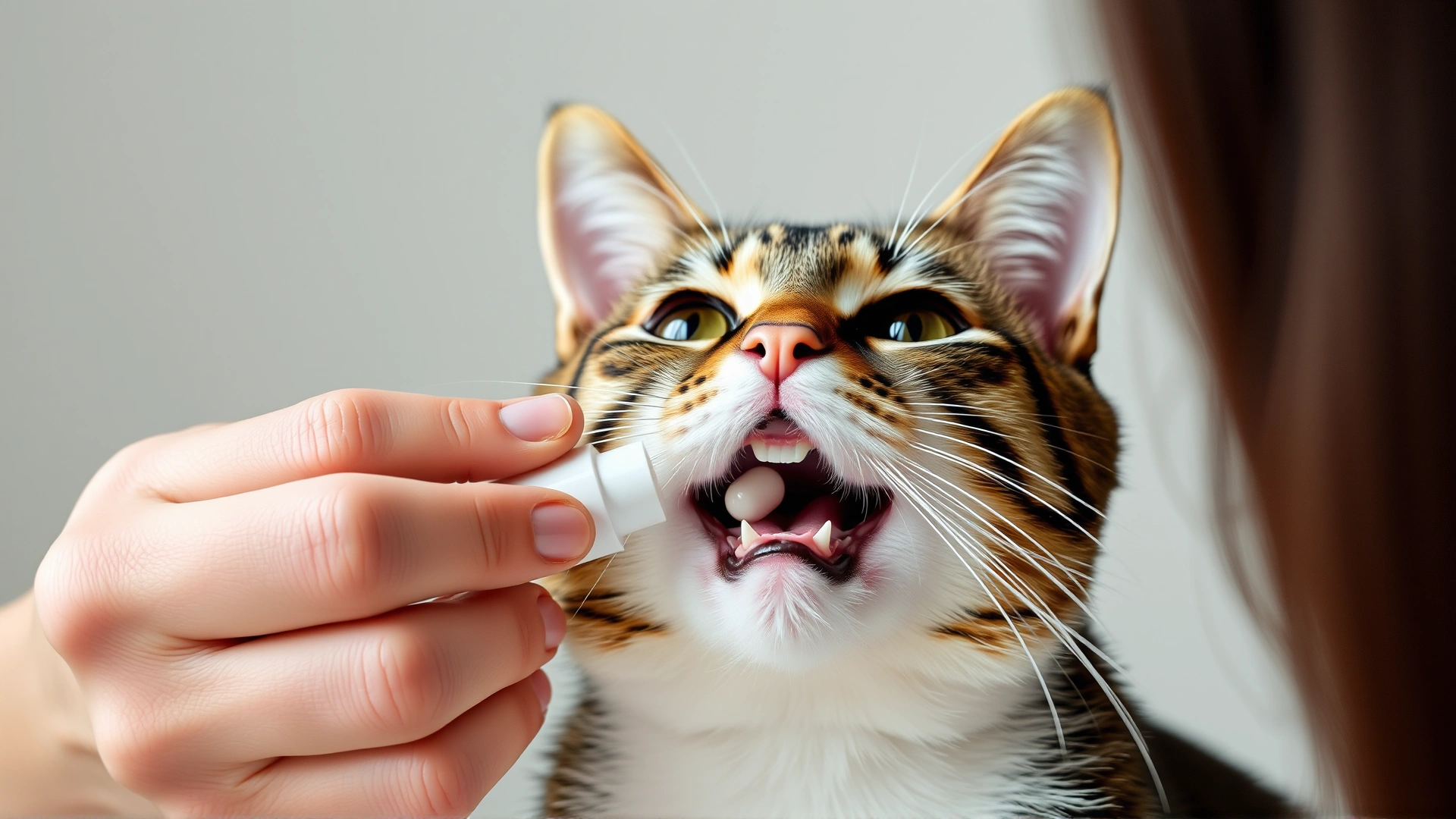 Close-up of an owner giving oral medication to a cooperative tabby cat using a pill dispenser