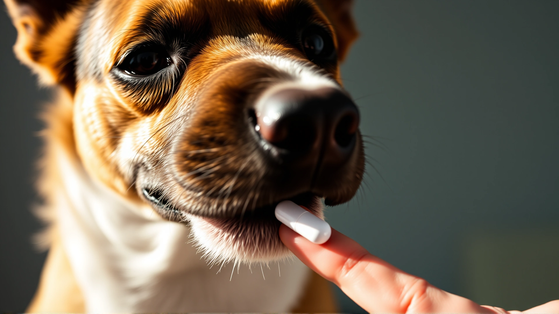 Close-up of a dog gently taking a pill from the owner's hand, bright natural light; no text.