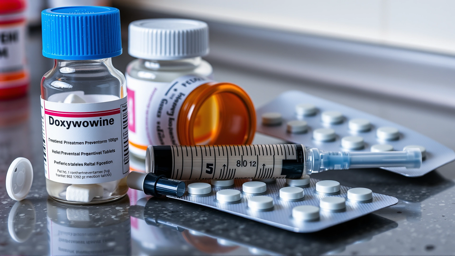 Close-up of various heartworm treatment medications (pill bottle labelled doxycycline, syringe, blister pack of preventive tablets) arranged neatly on a veterinary countertop.