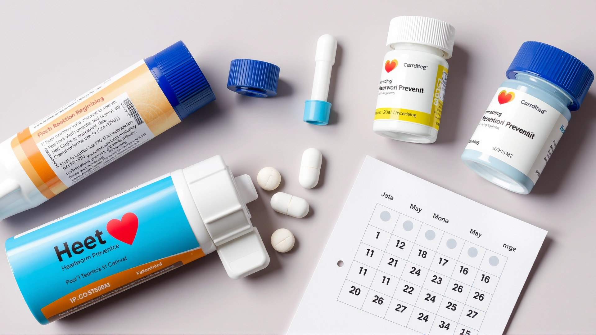 Flat-lay of various cat heartworm preventive medications: topical pipettes, pill dispenser, and a calendar marked with check marks.