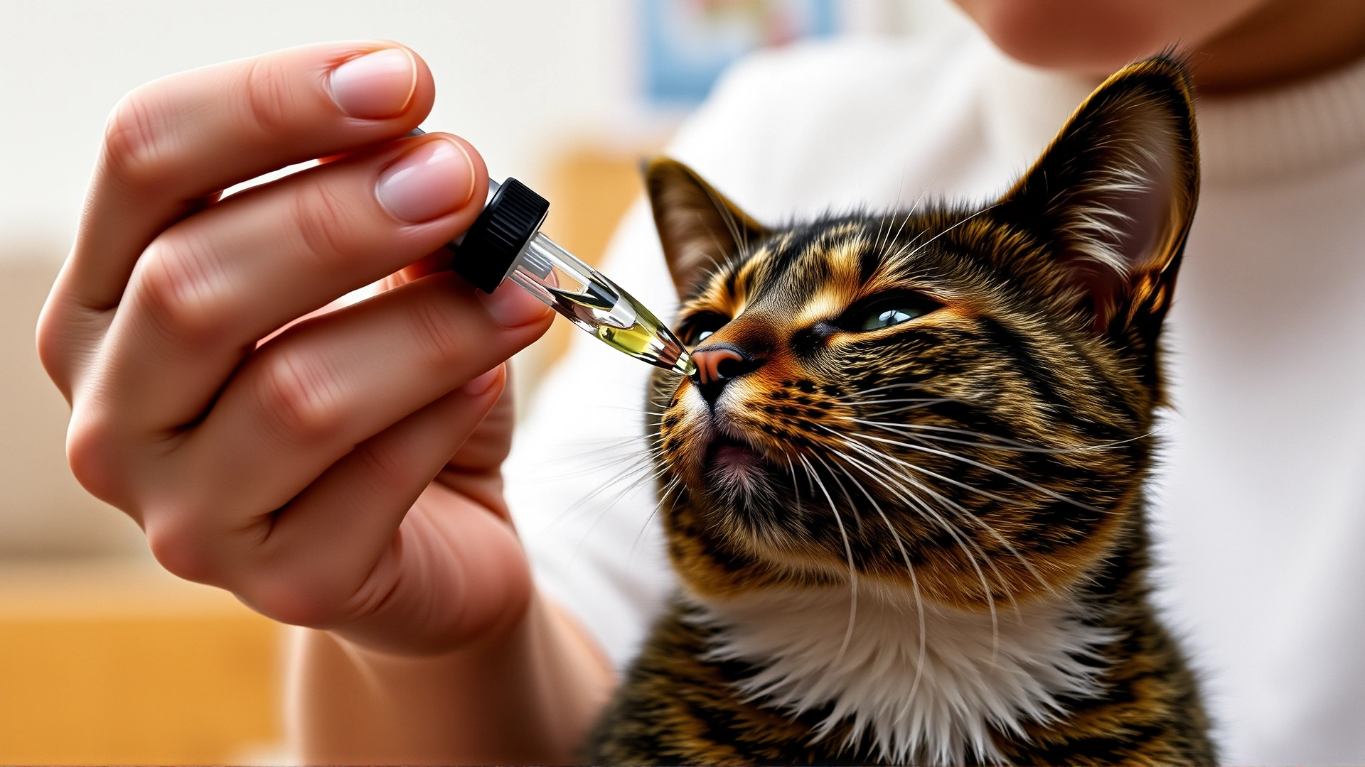 Cat owner administering oral liquid medication to a calm cat using a small dropper, close-up, home environment