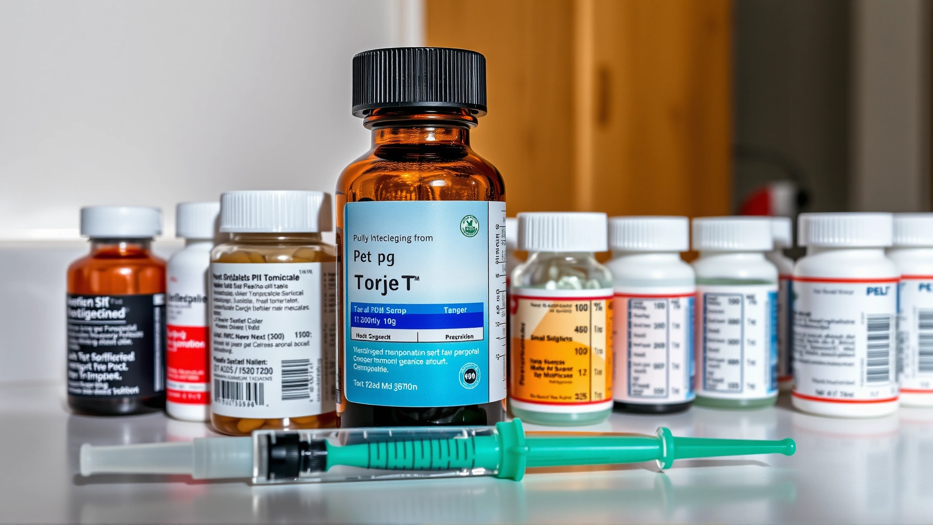Assortment of pet-safe medications and liquid syringes arranged beside a prescription bottle labeled for a cat, on a white countertop with soft light
